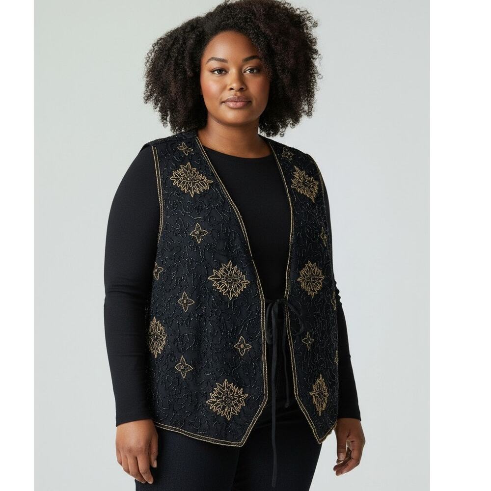 NWT Top 2X Vintage Amanda Smith black silk vest e gold floral beaded Holiday
